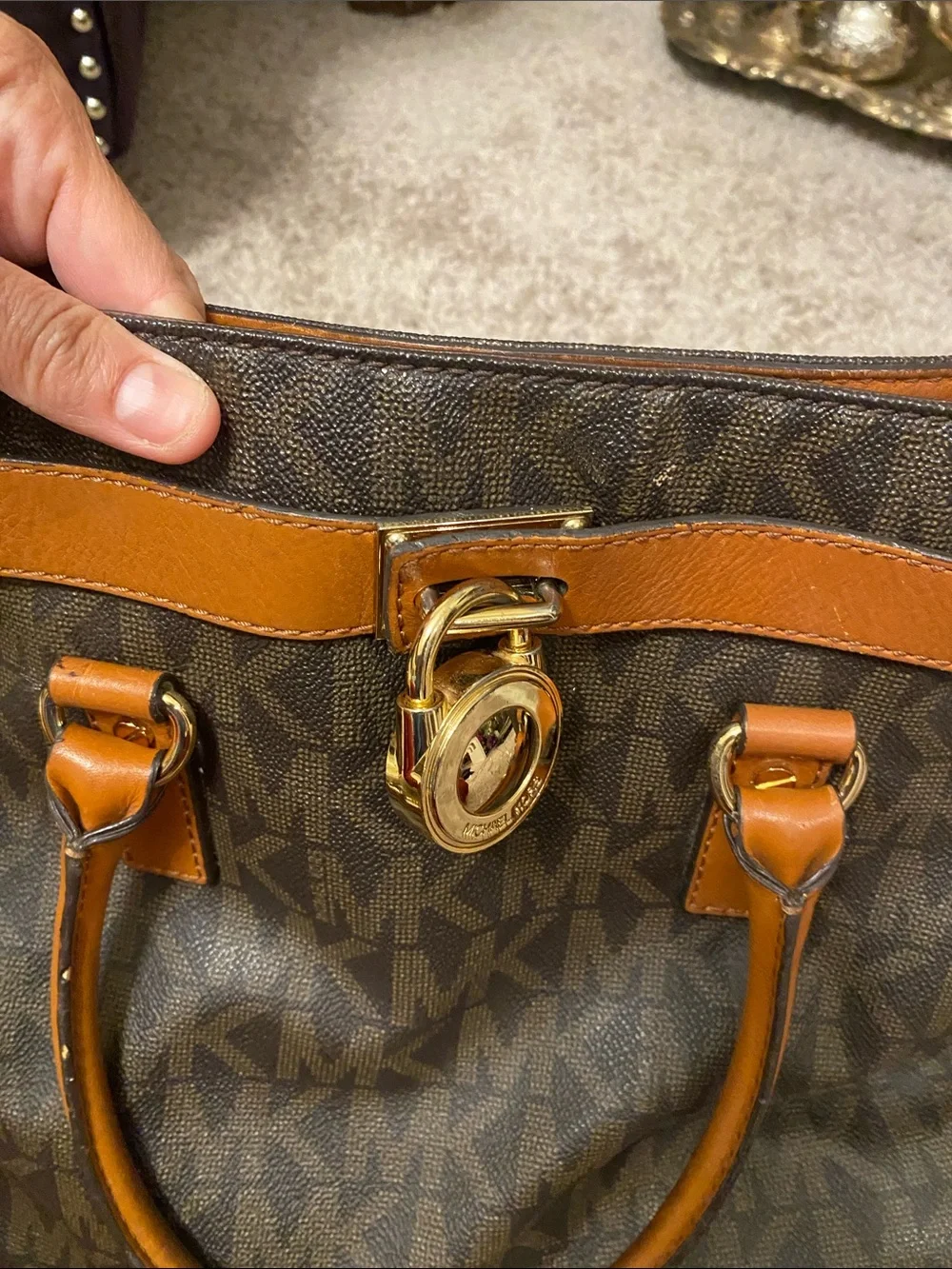 Michael Kors Brown and Tan Monogram Tote with Gold Hardware large Hamilton